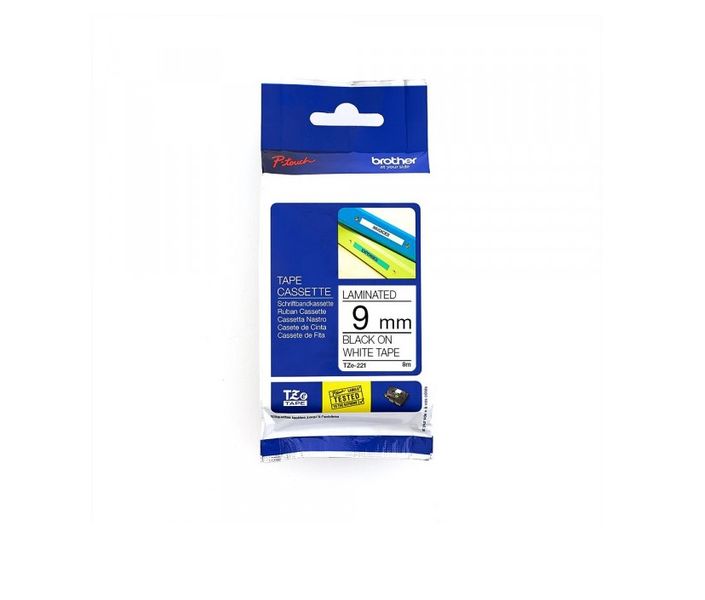 Brother TZE-221 9 mm x 8 m Black On White Laminated Tape