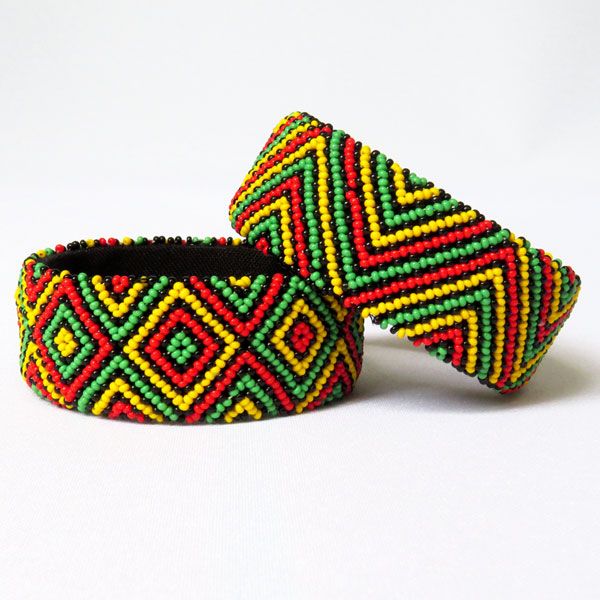 African Zulu Beaded Large Bangle – Rasta Colours x 2