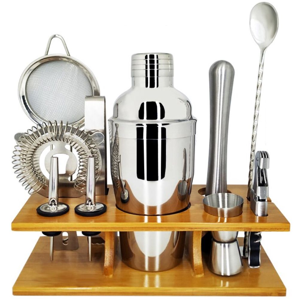 Home Stainless Steel Cocktail Maker Tool Kit With Wooden Rack 11