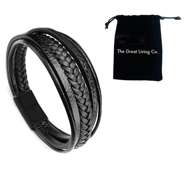 Mens Bracelet Multilayer Braided with Magnetic Clasp in Lux Gift Bag-Black