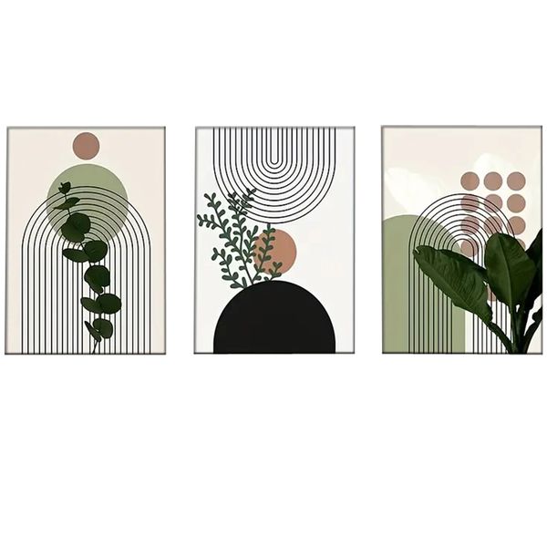 Canvas-Art-3 Pieces Sage Green Botanical Mid Century Abstract Wall Art