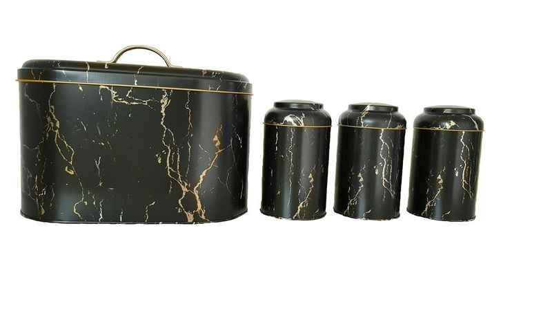 Black Bread Bin &amp; 3 Piece Canister Set with Gold, Grey and White Detail
