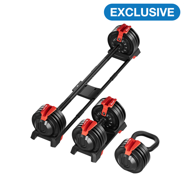 XDumbbell Patented 3-in-1 24KG Multi-function Adjustable Dumbbell-Barbell-Kettlebell Set - 3 to 24KG - 12 Weight Increments