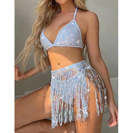 Sparkly Sequin Bikini with Fringe Tassel Skirt