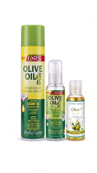 ORS Olive Oil Hair Spray, Heat Protection Serum &amp; Runako Olive Oil