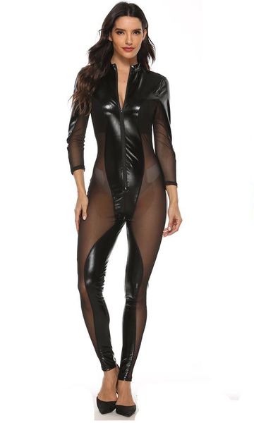 Belle Amoureuse Faux Leather &amp; Mesh Bodysuit Catsuit
