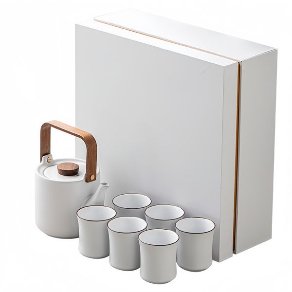 Moon White Ru Kiln Ceramic Handle Teapot Tea Set with 6 Cups