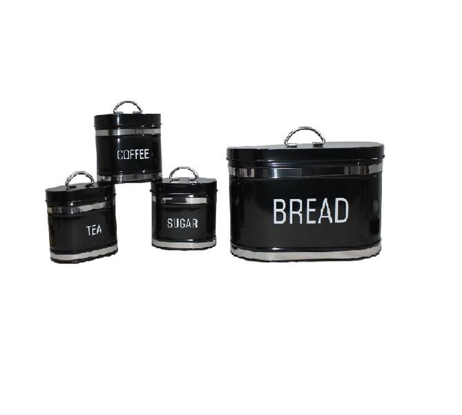 4-Piece Stainless Steel Bread Bin &amp; Tea, Coffee, Sugar Canister Set