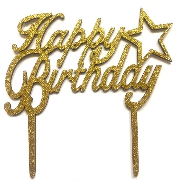 Happy Birthday Cake Topper Decoration - Gold Glitter