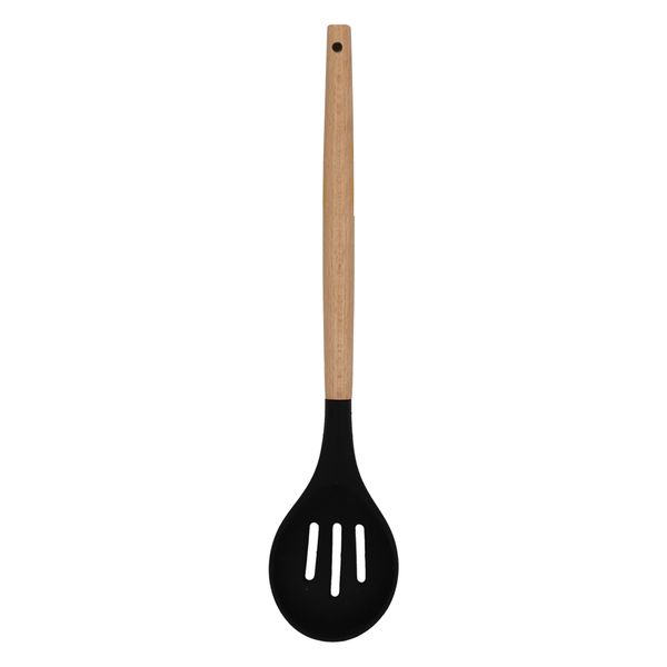 Regent Kitchen Slotted Spoon Black Silicone And Beechwood, - 310X70Mm