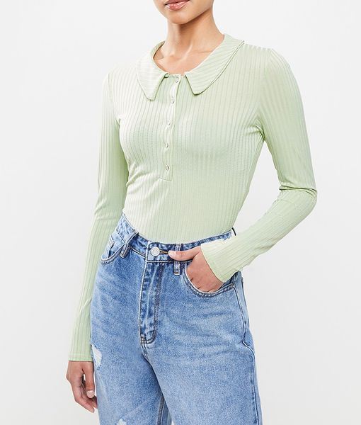 Women's Missguided Petite Collar Rib Long Sleeve Bodysuit - Sage