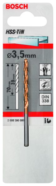 HSS-TiN Metal Drill Bits, DIN 338 3,5 x 39 x 70 mm