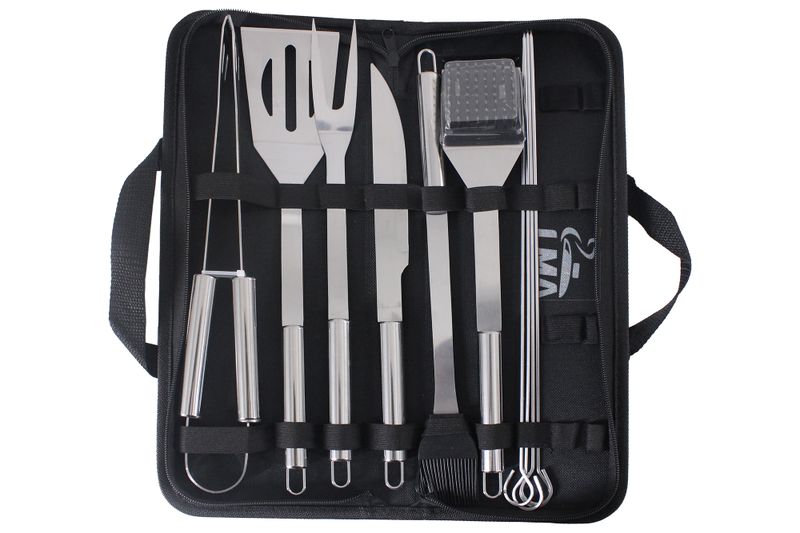 LMA Stainless Steel 10 Piece Braai Utensil Set w Wire Brush &amp; Skewers In Bag