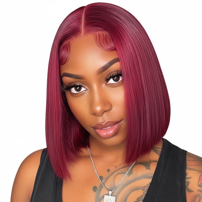 Geebuy 12In Burgundy Bob Human Hair Wig 13x4 Straight Wig Maroon Bob Wig