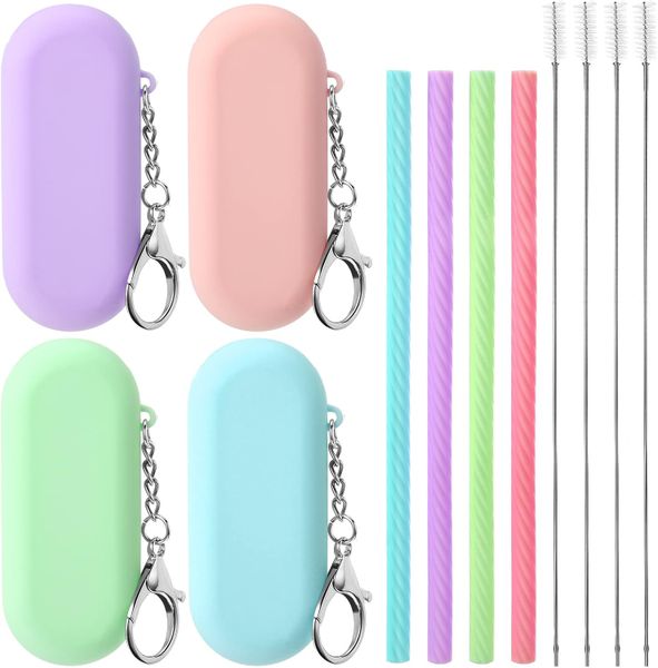 Silicone Straws, Portable Straws, 4 Sets with Case and Cleaning Brush