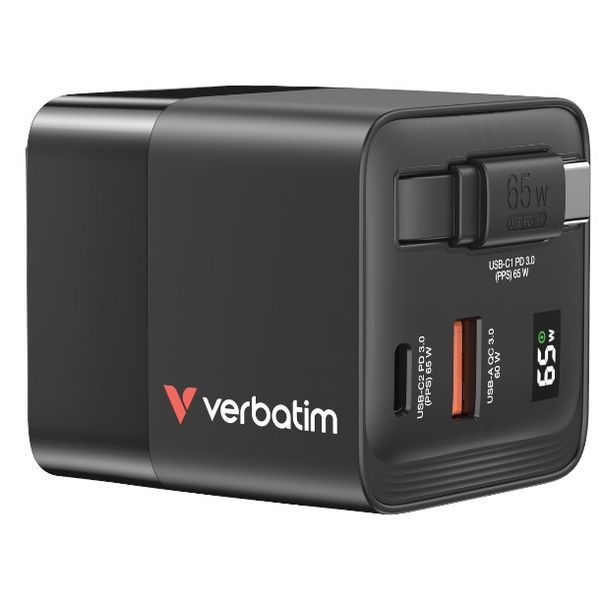 Verbatim 65W GaN Charger with Retractable USB-C Cable &amp; Display