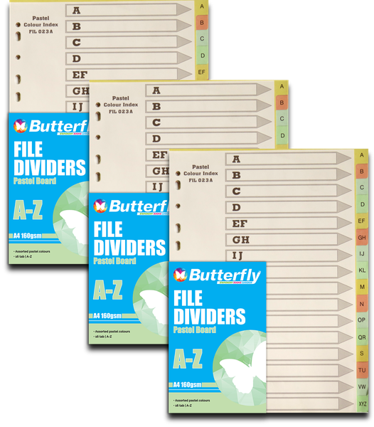 Board File Dividers - A4 160Gsm Pastel - 16 Tab (A-Z) X3