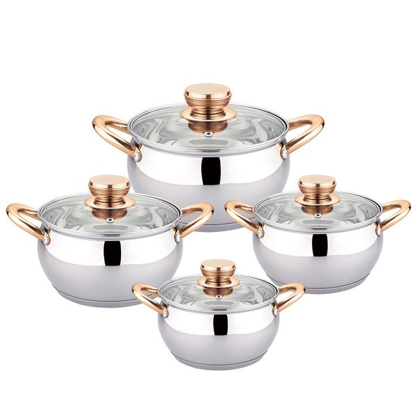 Cookware Set - 8 Piece Stainless Steel Pots with 3 Ply Bottom and Glass Lid