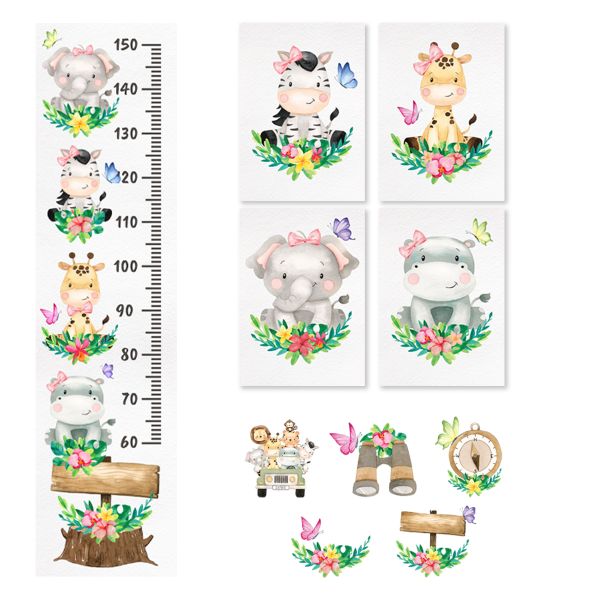 Nursery Wall Art - 4 x A4 Canvases + Vinyl Decals + Height Chart - Floral