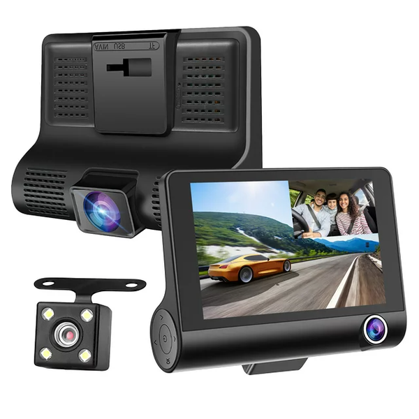 WDR - Dash Camera Front, Rear, &amp; Inside 4 Inch 1080p FHD For Cars - Black