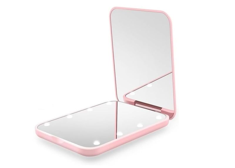 2 x Magnification LED Compact Mini Mirror with Internal Battery - Pink