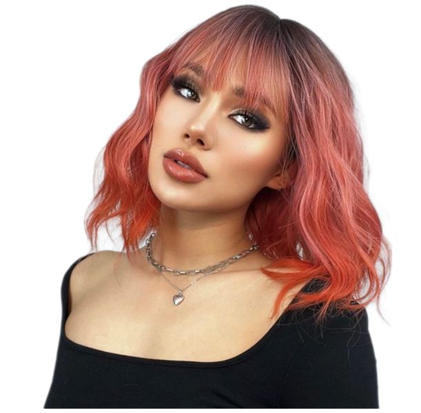 Synthetic 16 Inch Wavy Coral/Pink Wig With Fring image