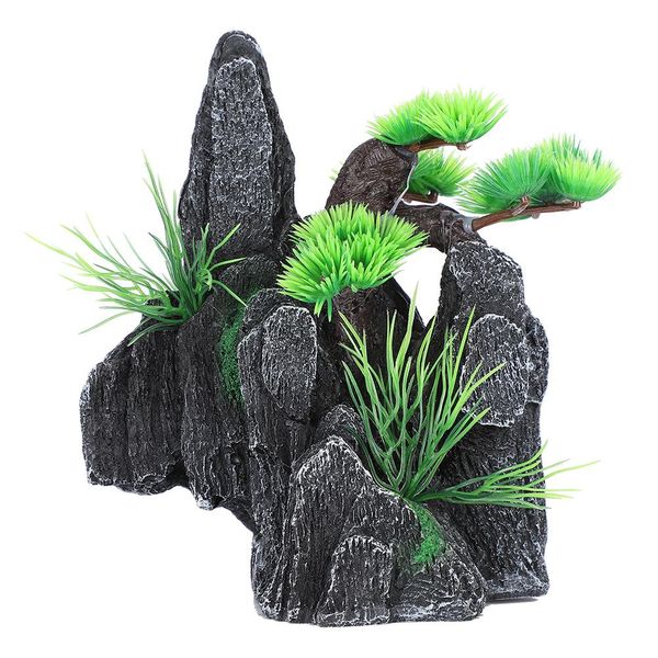 Aquarium Mountain View Stone Ornament with Small Plants for Fish Tank Decor