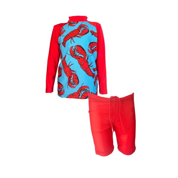 Kids Swim Two Piece Set: Rash Guard Vest and Shorts Lobsters
