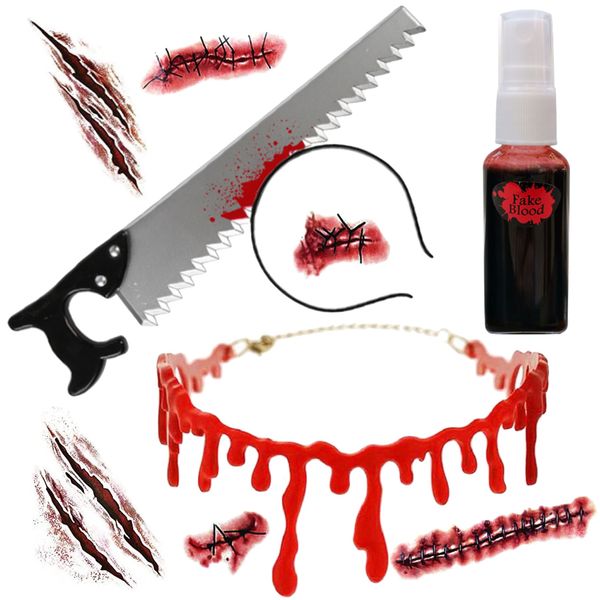Halloween Fake Blood Necklace, Saw Headband, Blood Spray &amp; Scar Tattoos