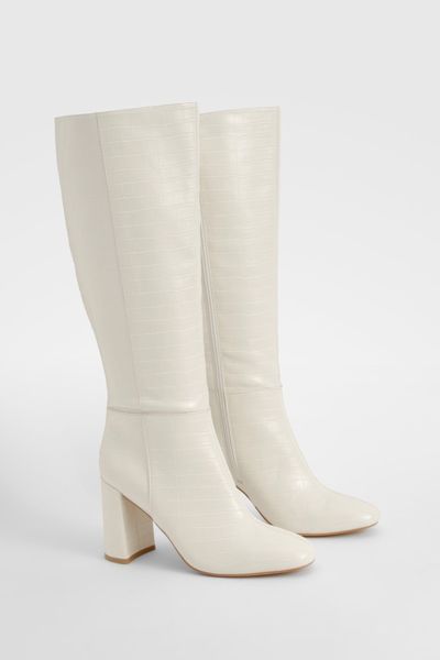boohoo - Womens Croc Heeled Knee High Boot - White