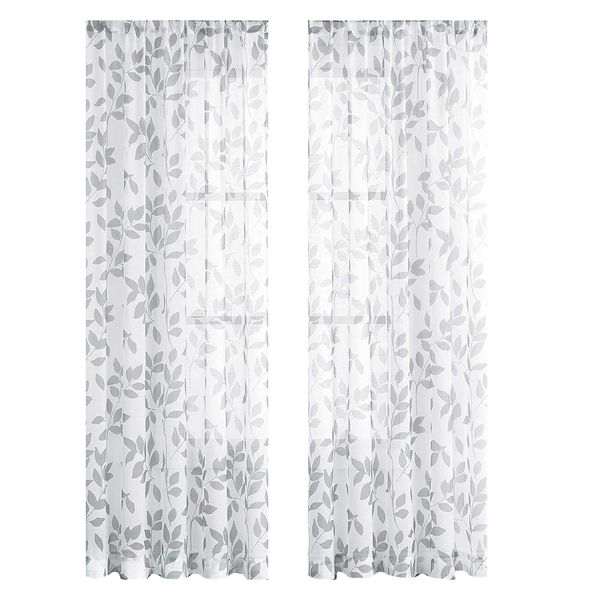 Decor 2Pcs Embroidered Leaf Patten Light Filtering Sheer Curtain -241cm
