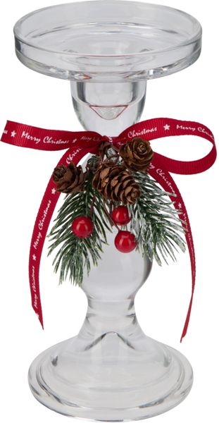 Tall Glass Candle Holder w/ Xmas Decor &amp; Red Ribbon, 8x17.8cm