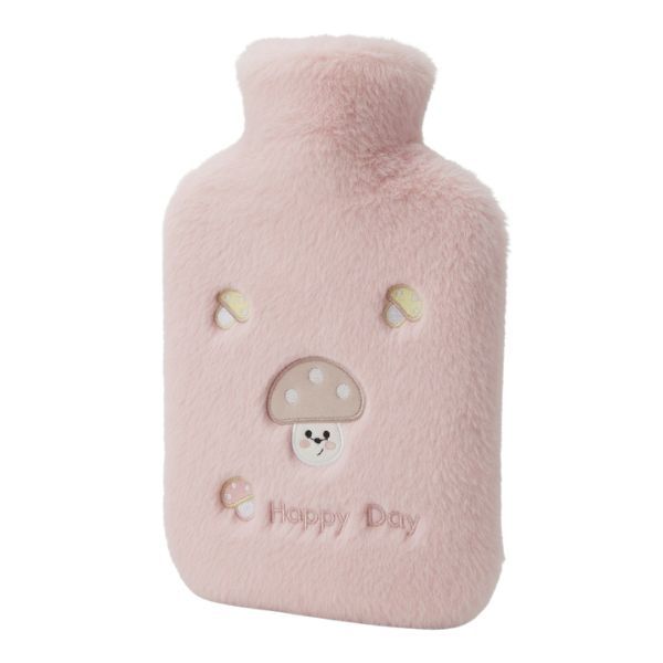 Pink Plush Mushroom Hot Water Bottle with Fleece Cover