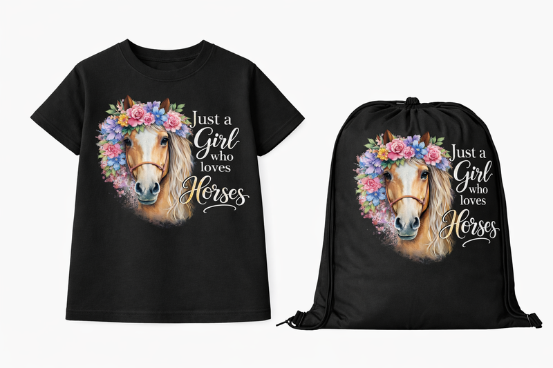 Kids - Just A Girl Who Loves Horses Kids Black T-shirt and Drawstring Bag