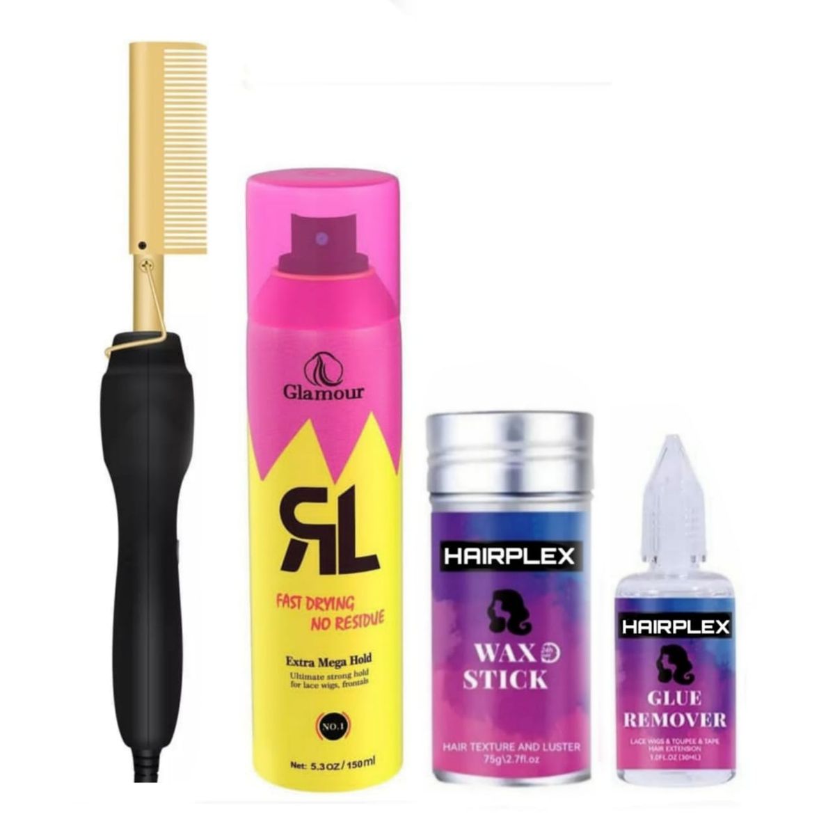 Brazilian Wigs Kit Hot Comb, Glamour Spray, Wax Stick & Glue Remover
