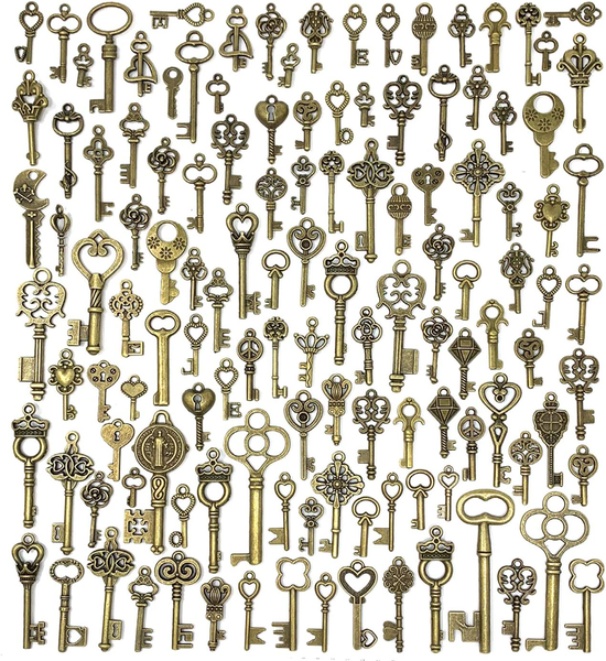 125 PCS Vintage Skeleton Key Set Charms, Mixed Antique Style Bronze Brass