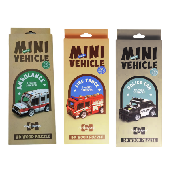 3D Puzzle Mini Wooden Vehicle 3 x Sets - Ambulance, Fire Tuck, Police Car