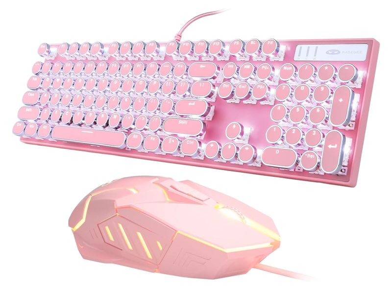 MAGEGEE - Wired Typewriter Keyboard &amp; Mouse Set With Round Keycaps - Pink