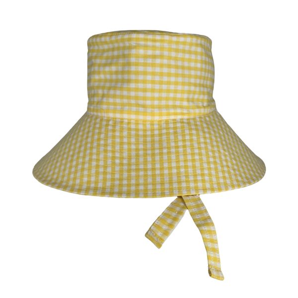 Yellow Gingham Checkered Wide Brim Sun Hat for Girls &amp; Ladies Chin Strap