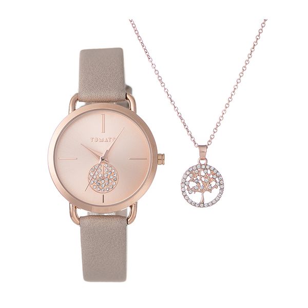 Tomato Ladies Watch Set - Rose Gold Watch ,Tree of Life Necklace, Nude Band