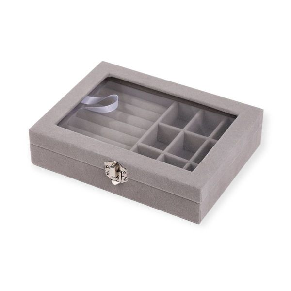 Flannel Jewelry Box with 9 Grids &amp; Ring Compartment Clear Lid Jewelry Box