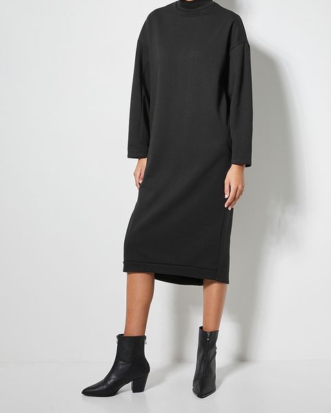 Women's Velvet Brushed Fleece Long Line Sweat Shirt Dress - Black