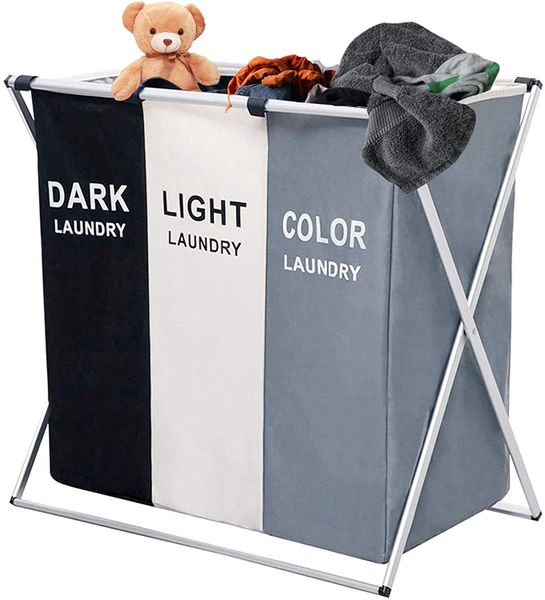 3 Section Laundry Foldable Hamper Waterproof Oxford Bags and Aluminum Frame