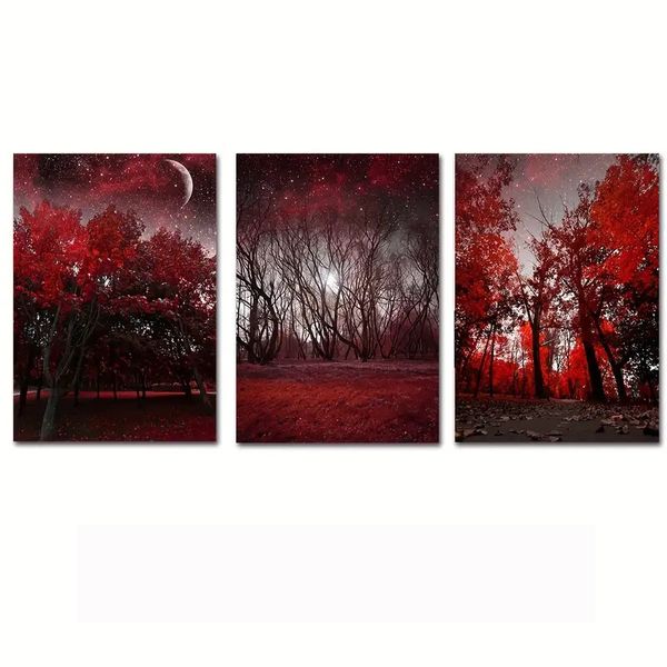 Canvas-Art-3 Pieces Cao Gen Red Trees Landscape Painting Print Wall Art
