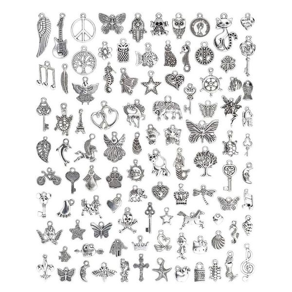 100pieces Jewelry Making Charms Mixed Smooth Tibetan Silver Charms Pendants