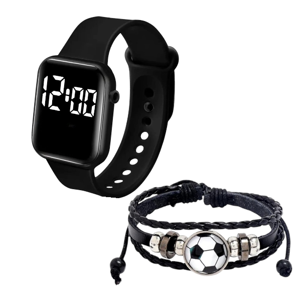 Kids' Soccer-Themed Digital Watch and Bracelet Set - Black