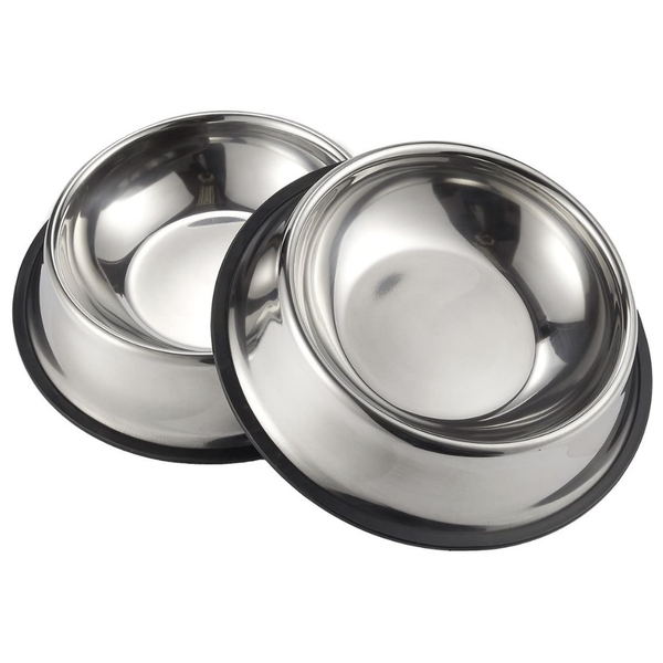 Set of 2 Medium Non-Skid Stainless Steel Pet Bowls For Dogs or Cats 1Litre