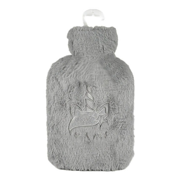 Refined Essential - Grey 2L Hot Water Bottle with Embroidered Plush Cover
