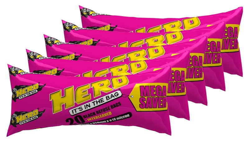 Hero Mega Saver 5 Pack - 5 x 20 Interleaved Black Refuse Bags - 18 Micron