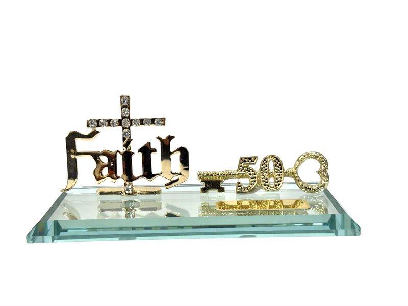 50th Key with Diamante Faith on Glass Mirror base